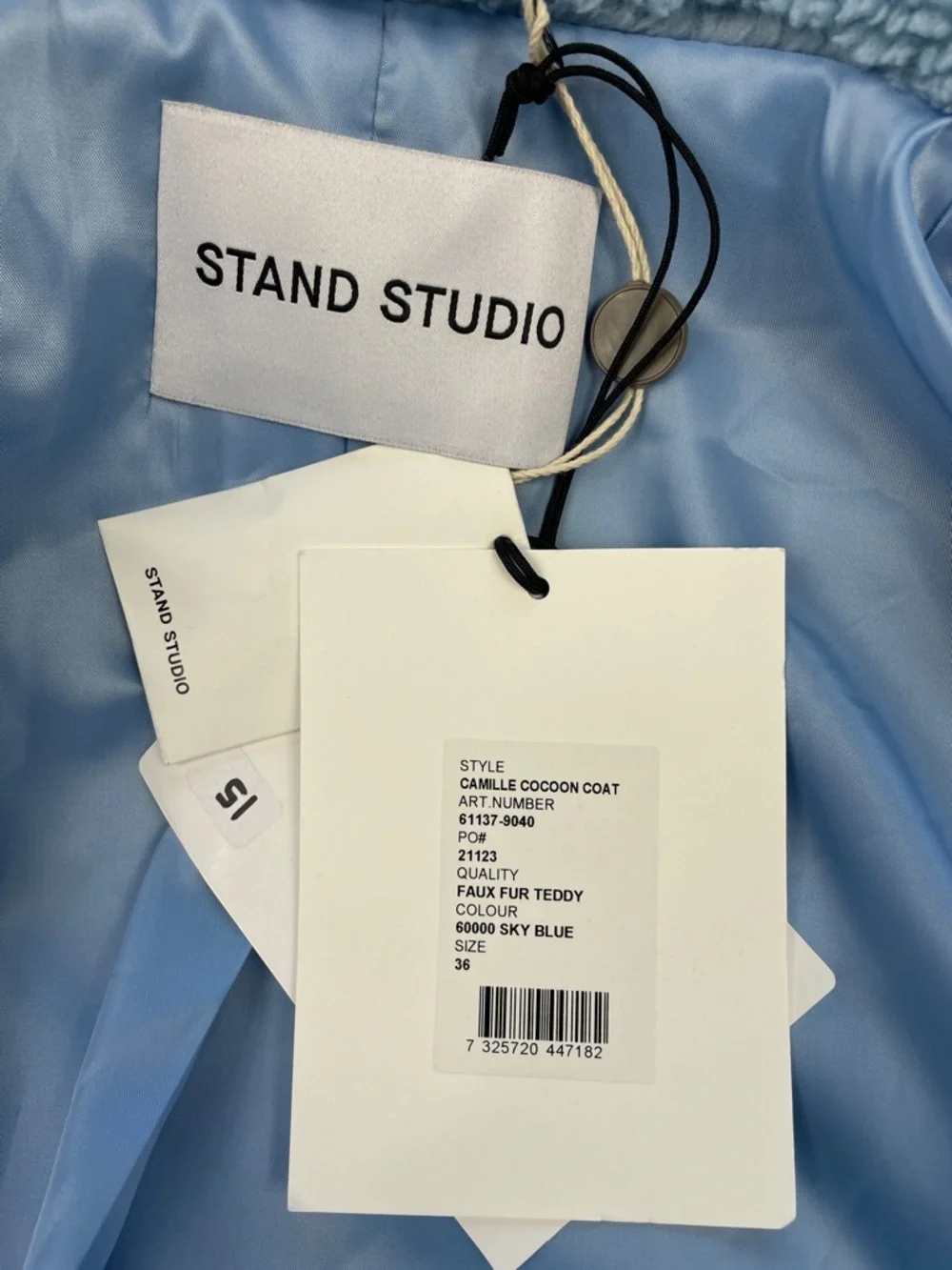 NWT Stand Studio Camilla Cocoon Coat Faux Fur Fleece Blue Sz 36